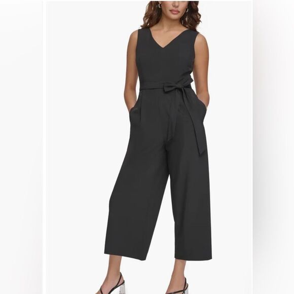 NWT Calvin Klein Women's Sleeveless V-Neck Tie Waist Wide Leg Jumpsuit Sz 10 - Picture 2 of 14